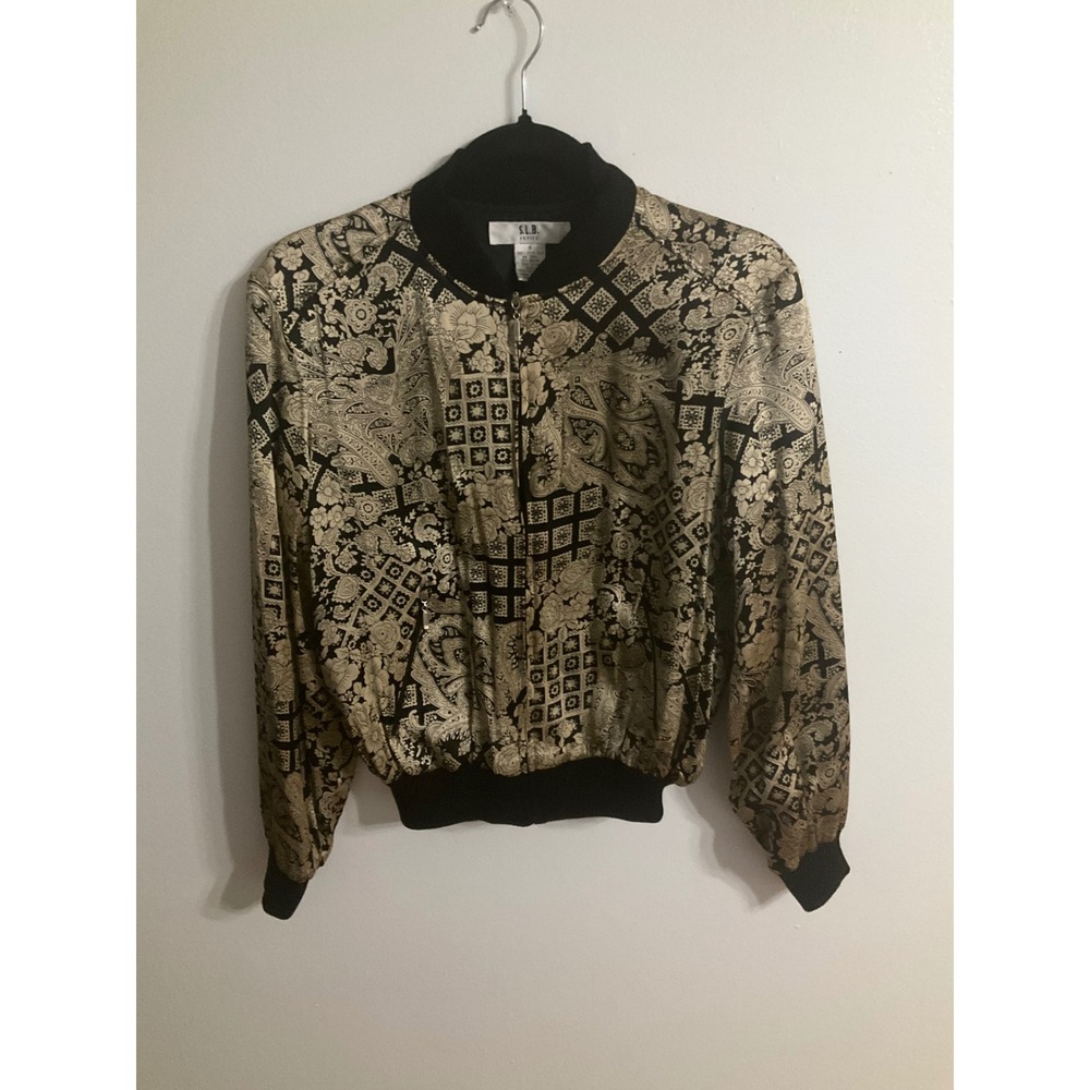 SLB Petite 100% Silk Bomber Jacket Gold Black Paisley Floral Print Small - Picture 1 of 4